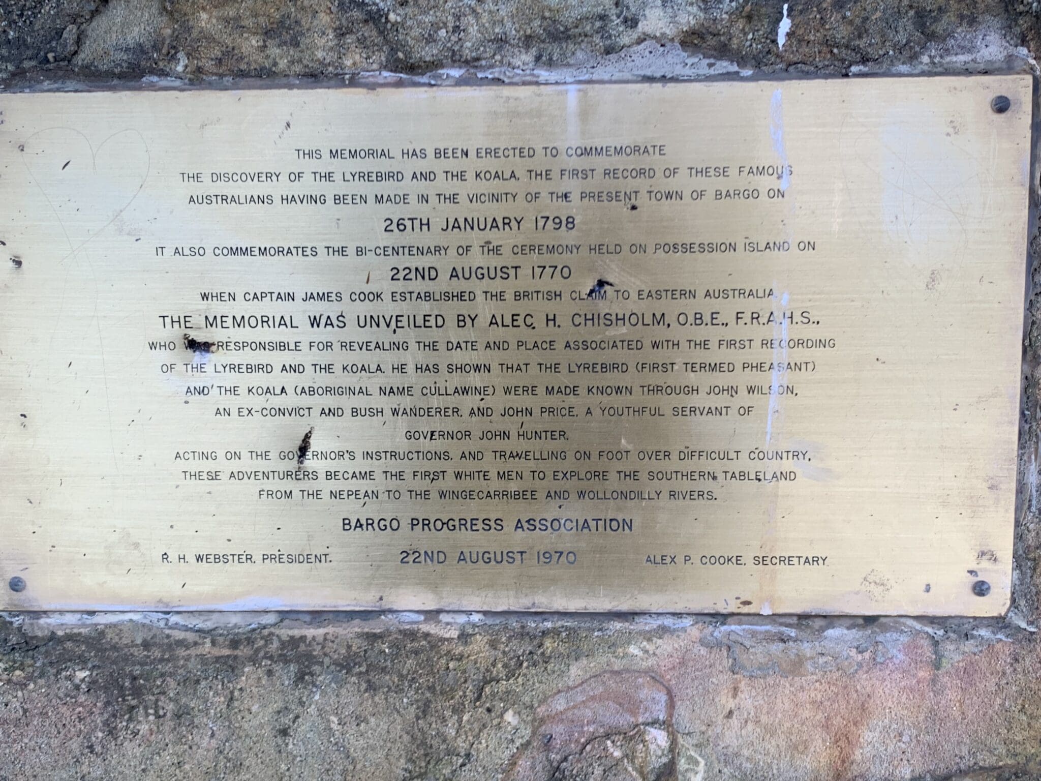 A memorial plaque commemorating the discovery of Lyrebirds and the Koala A memorial plaque commemorating the discovery of Lyrebirds and the Koala